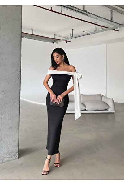 Efnaz style Women's Off-Shoulder White Ribbon Detail Long Crepe Dress