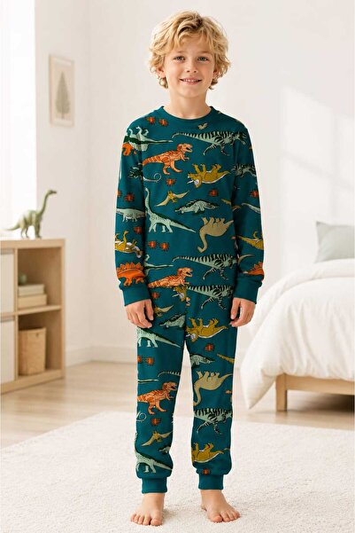 ROSAMİNA Erkek Çocuk %100 Pamuklu Petrol DİNAZOR Desen Pijama Takımı