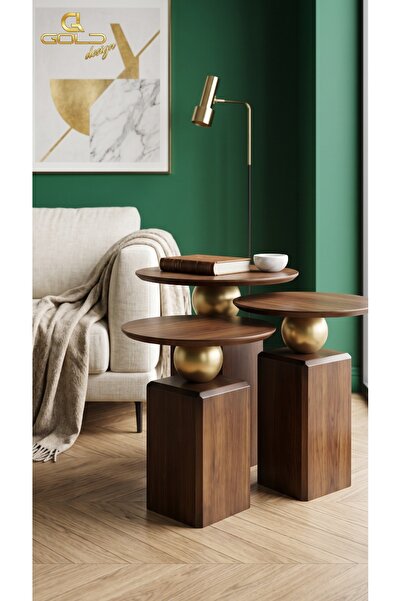 Gold Design OBLİX LAKE CEVİZ-GOLD masif kombini üçlü takım yan sehpa zigon 50...