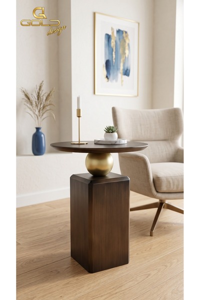 Gold Design OBLİX LAKE CEVİZ-GOLD kombini masif yan sehpa zigon 60 cm