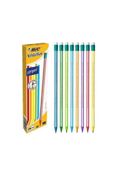 Bic Evolution Stripes Colored Pencil with Eraser 12'Li Box 1 Piece Hexagonal ...