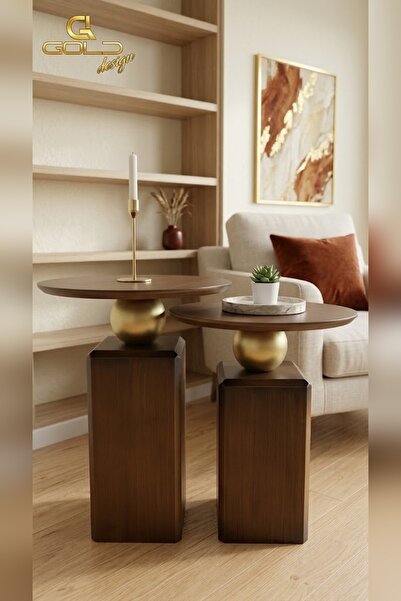 Gold Design OBLİX Lake CEVİZ-GOLD kombini masif ikili takım yan sehpa zigon 5...