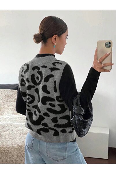 moda mh Gündelik Şık Trend Leopar Desenli Yelek