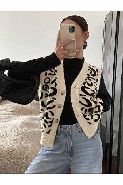 moda mh Gündelik Şık Trend Leopar Desenli Yelek