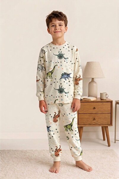 ROSAMİNA Erkek Çocuk %100 Pamuklu KREM DİNAZOR AYAK Desen Pijama Takımı