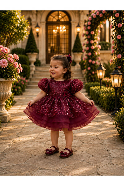İlknur Karaca Design Burgundy Beaded Balloon Sleeve Tail Girl Child Wedding H...