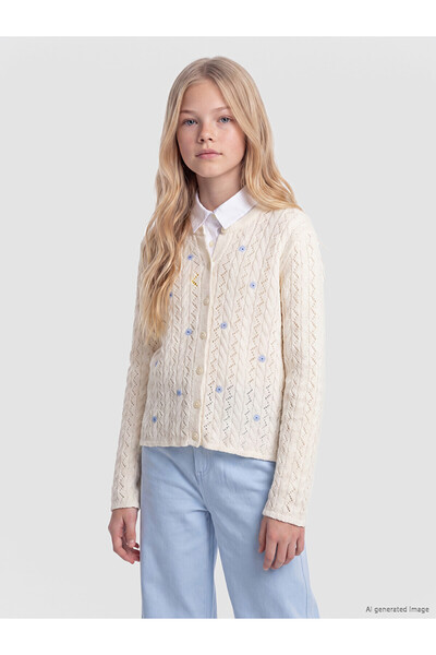 LC Waikiki Nevavm Floral Embroidered Girls' Openwork Knitwear Cardigan