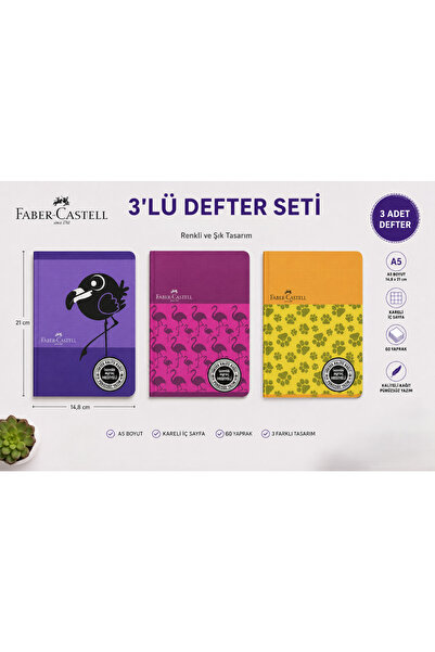 Faber Castell 3 bucăți caiet Faber mic format A5, în carouri, 60 de pagini, c...