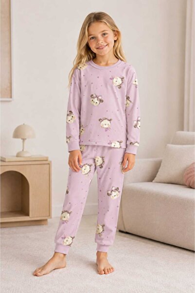 ROSAMİNA Girl's 100% Cotton Lila Ayicik Patterned Pajama Set
