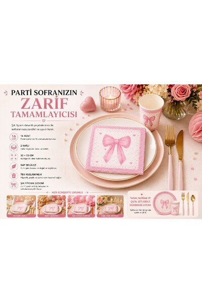 BKMC PARTY Șervețele de petrecere cu model fundă, pachet de 16 bucăți, 33x33 cm |   Șervețel elegant cu fundă |   Ziua de naștere Baby Shower Ziua specială |   Roz Negru Roșu Liliac