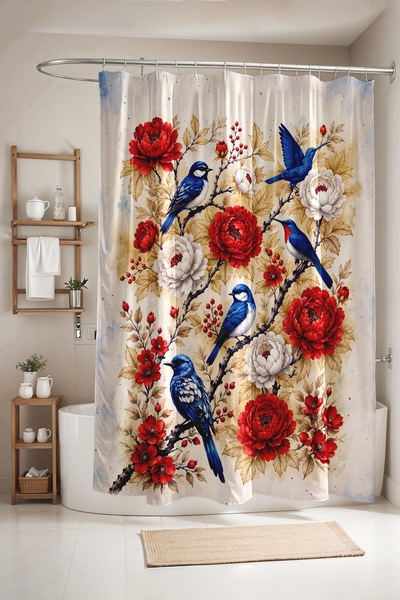 EVPANYA Bathroom Curtain, Red Roses and Blue Birds Patterned Shower Curtain, ...