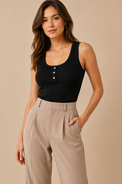 Nymora Women's U-Neck Buttoned Thick Strap 95% Cotton Camisole Undershirt Black