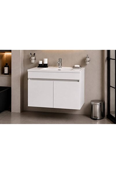 Genel Markalar Modern Lavabo Alt Dolabı I Beyaz 2 Kapaklı MDF Banyo Dolabı Mo...
