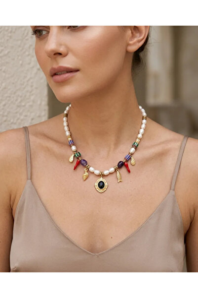 Dorvina Natural Stone Women's Necklace Real Pearl Steel Gold Detailed Handcra...