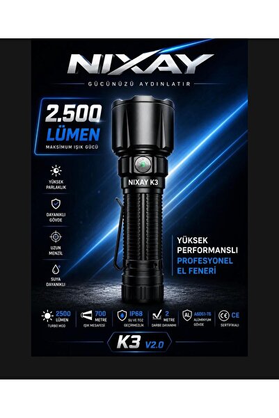 K3 V2.0 Profesyonel El Feneri 2500 Lümen 700 Metre IP68 Uzun Menzilli