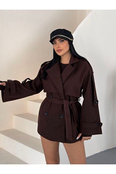 gm giyimarket New Season Premium Quality Belted Double-Breasted Collar Midi O...