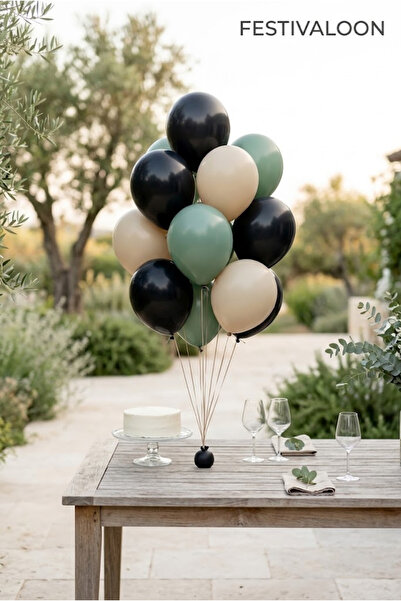 FESTİVALOON Set of 20 Eucalyptus Sea Sand Beige Black Balloons Birthday Party...