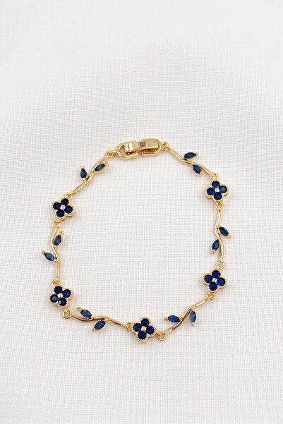 özgül takı ve tasarım Navy Blue Clover Model Zircon Stone Gold Color Stainles...