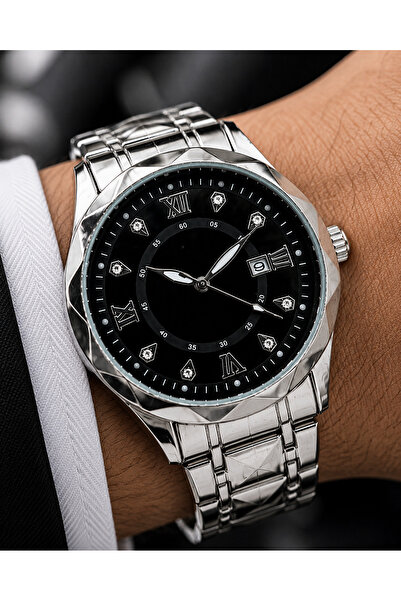 Weluxa Men's Wristwatch with Calendar, Silver Color, Black Dial, Luxury Desig...