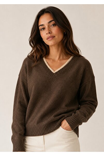CuteLovesa Lace Ribbon Detailed V-Neck Long Sleeve Loose Knitwear Women's Swe...