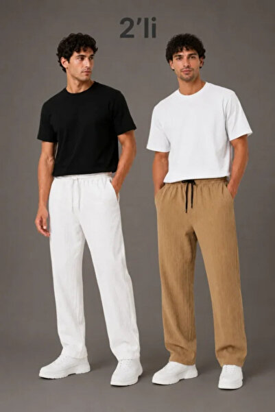 Efnaz style Men's 2-Piece Wrinkled Fabric Elastic Waist Lace-Up Wide Leg Trou...