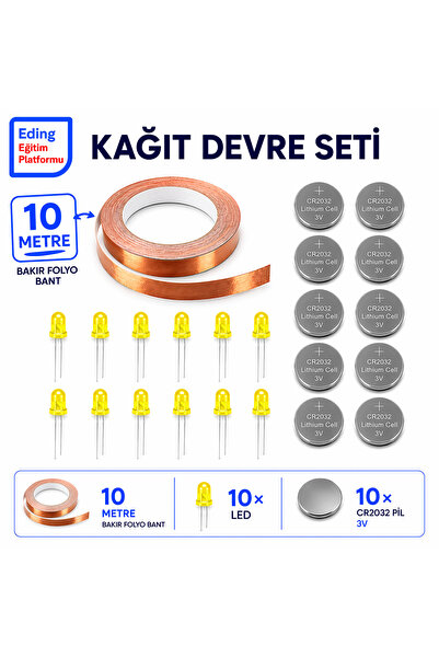 Fapatech Eding Kağıt Devre Sınıf Kiti – 10 Metre Bakır Folyo İletken Bant, Sa...
