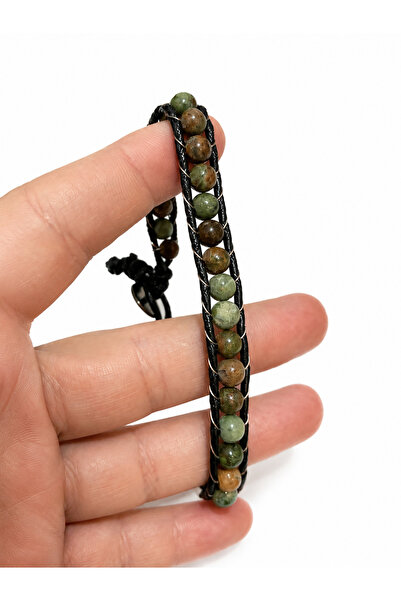 Yeşil Kahverengi Boncuklu Siyah Örgü Unisex Bileklik