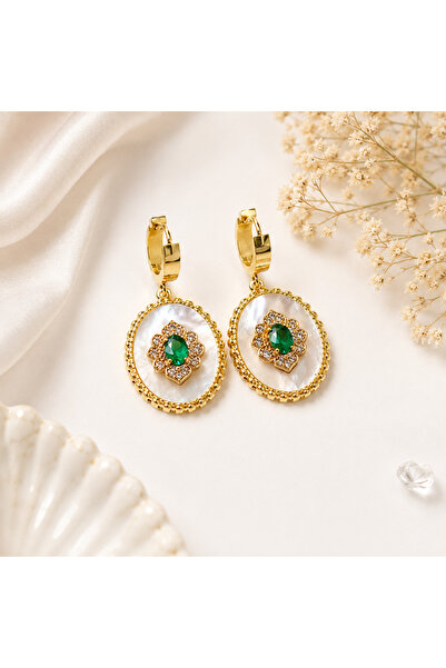 Archhazel Jewelery Gold Color Dangle Earrings with Pearl Base and Green Stone...