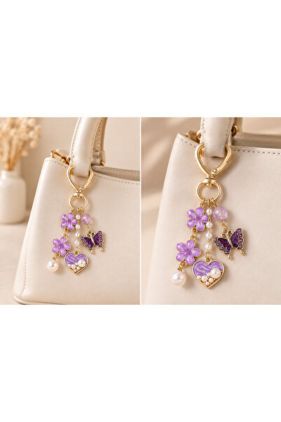 Hilosh Women's Bag Accessory Purple Floral Butterfly Heart Figured Gold Keychain Bag Ornament