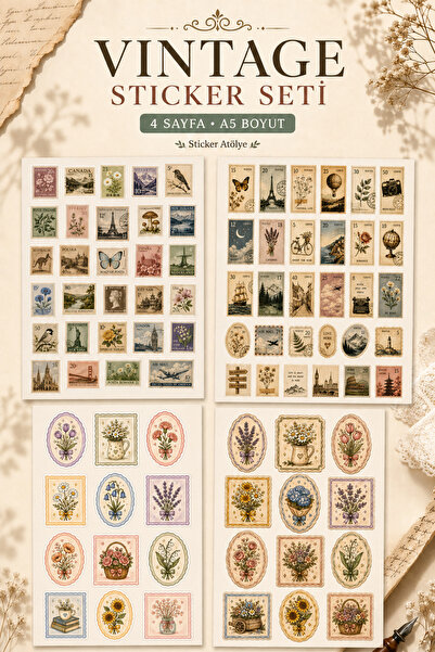 StickerAtölye Vintage Sticker Seti 4 Sayfa A5 – Retro Pul, Çiçek ve Seyahat T...