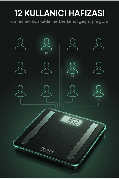 Techfit Akıllı Vücut Analiz Baskülü 180 KG 100 G Hassasiyet 5 Vücut Değeri LCD Ekran 12 Kullanıcı Hafızası