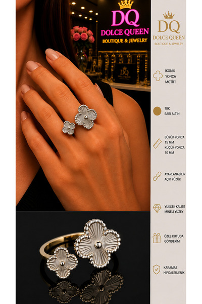 DOLCE QUEEN Women's Double Clover Motif Adjustable Open Ring