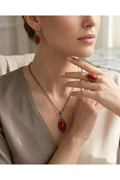 Dorvina Bronze Women Copper Womenjewelry Set Red Oval Stone Shuttle Vintage N...