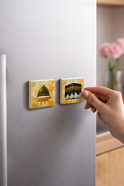 Sadrazam Kabe ve Medine, Mescid-i Nebevi 5x5 cm 2'li Doğaltaş Magnet Seti