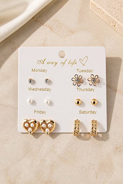 LYKOS Days of the Week Concept 6-Piece Nail Earring Set - Heart Flower and Pe...
