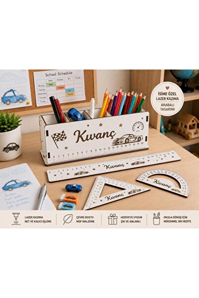 Runc Design İsime Özel Kişiselleştirilmiş Ahşap Masa Üstü Kalemlik ve Cetvel ...