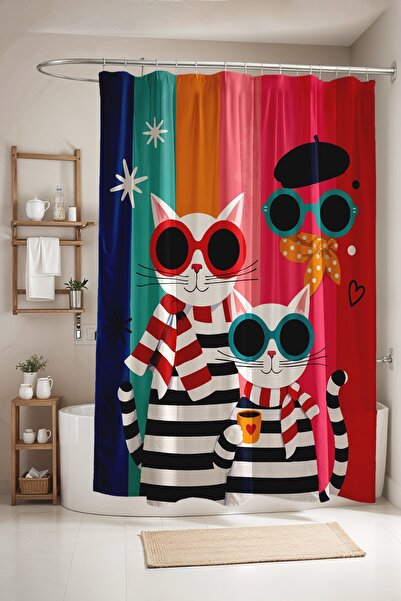 EVPANYA Bathroom Curtain, Striped Cats with Glasses Patterned Shower Curtain,...