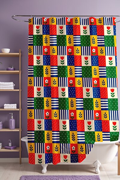 EVPANYA Bathroom Curtain, Checkered Flowers Patterned Shower Curtain, Bathtub...