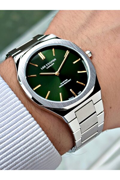 Lee Cooper Special Design Silver-Green Color 5 Atm Slim Case Steel Band Men's...