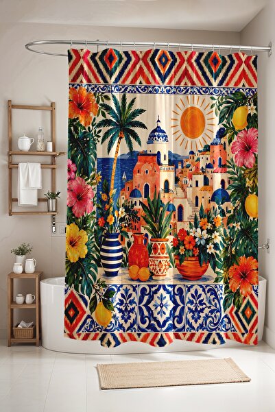 EVPANYA Bathroom Curtain, Floral Seaside Village Patterned Shower Curtain, Ba...