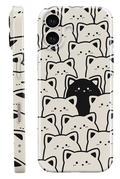 WANNA PROTECT iPhone 16 Siyah Kedi Protect Slim Parlak Tam Kaplayan Baskı Kam...