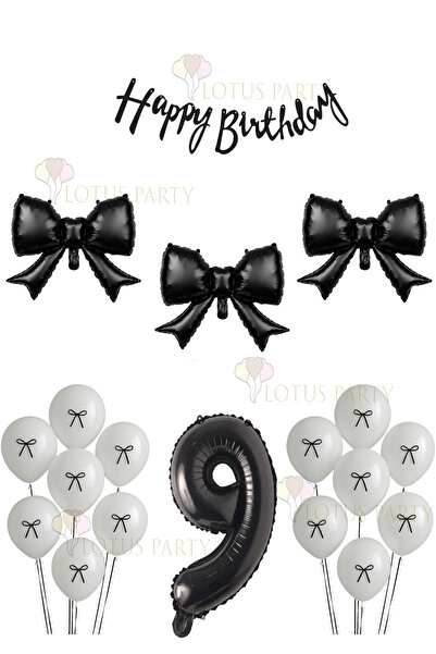 LOTUS PARTY Black Bow Balloon - Black Banner - Black Number - White Balloon -...