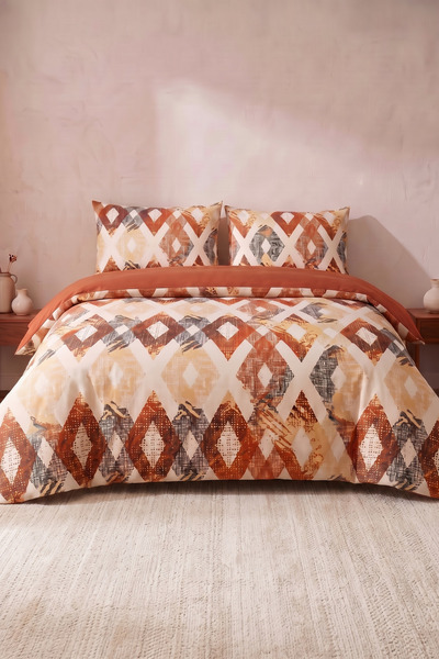Miruza Ev Tekstili Geometric Pattern Double Duvet Cover Set |   100% Cotton |   200X220 cm Duvet Cover, 2 Pieces of 50X70 cm Pillowcases and Fitted Sheet