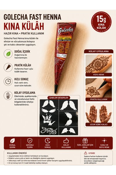 Genel Markalar Golecha Fast Henna Kına Konisi + Melek Kanadı Şablon Seti – Ha...