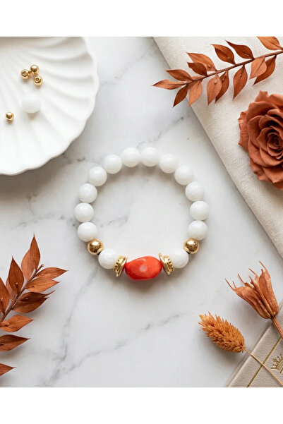 Dorvina White Agate and Coral Natural Stone 316L Steel Gold Detailed Antique ...