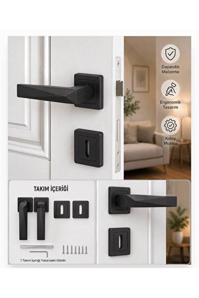 Lavinya Almi̇ra Matte Black Square Badge Room Door Handle / 1 Set