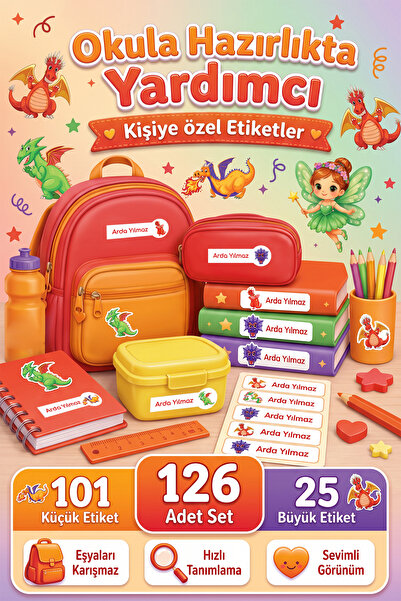 tifopix 126 Adet İsime Özel Okul Etiketi Seti Dinazor Temalı Defter Kitap ve ...
