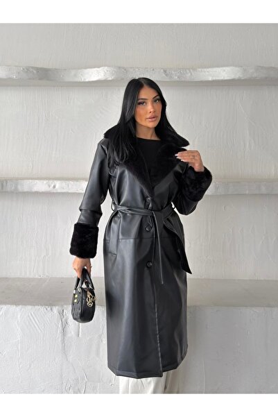 Ekim Store Mady Collar and Sleeve Fur Long Leather Trench