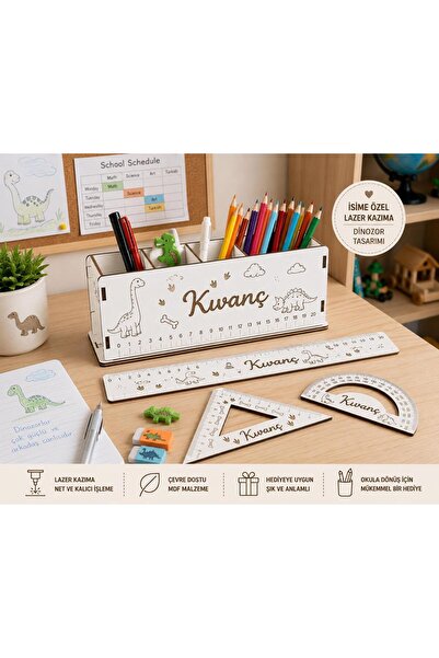 Runc Design İsime Özel Kişiselleştirilmiş Ahşap Masa Üstü Kalemlik ve Cetvel ...