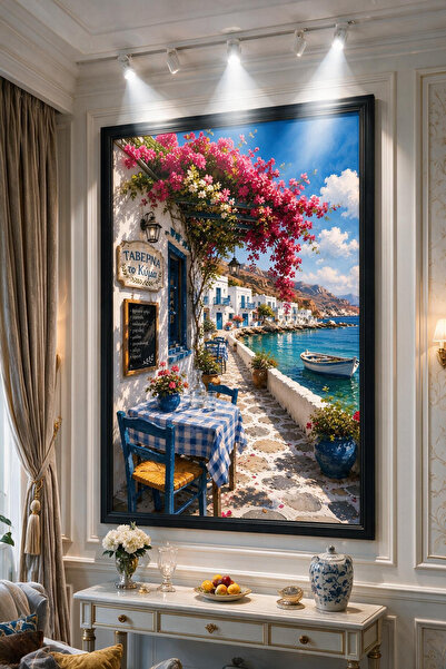 ARTAN GALLERY Ege Sahil Kasabası Kadife Tablo 40 mm Çerçeveli Yağlı Boya Görü...
